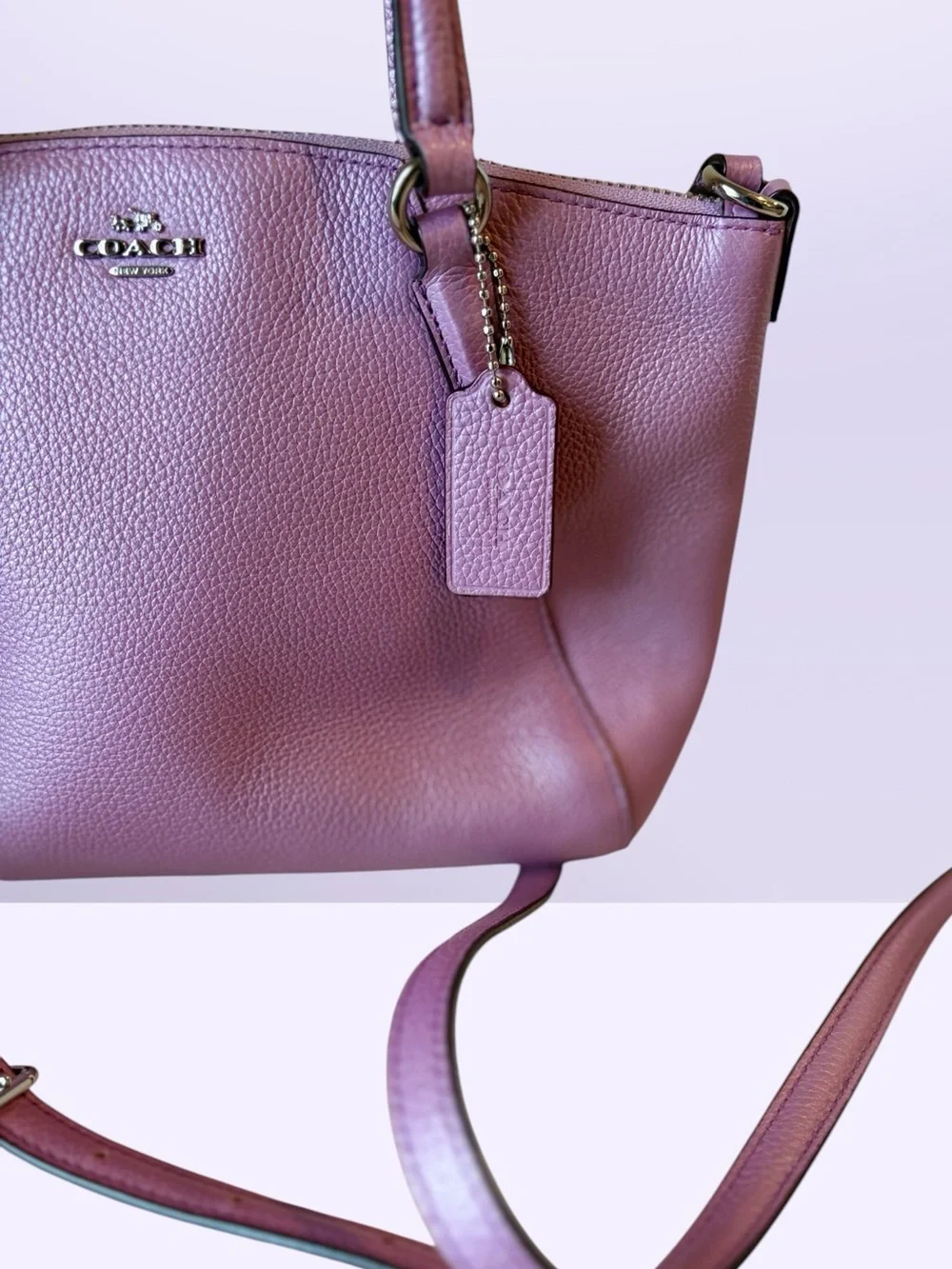 Coach Mini Kelsey Satchel in a metallic lilac purple pebbled leather
